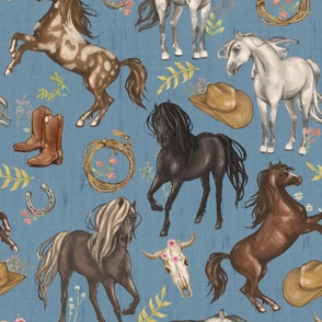 Running Horses Cow Skull Cowboy Hats & Boots,  Pink Wildflowers on Medium Blue Denim, Large Scale