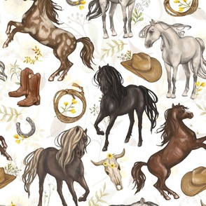 Running Horses Cow Skull Cowboy Hats & Boots,  Yellow Wildflowers on White, Large Scale