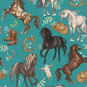 Running Horses Cow Skull Cowboy Hats & Boots,  Wildflowers on Dark Aqua Blue, Large Scale