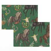 Running Horses Cow Skull Cowboy Hats & Boots, Yellow Wildflowers on Dark Green, Large Scale