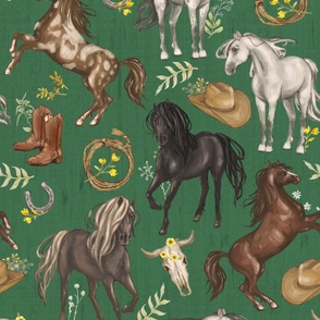 Running Horses Cow Skull Cowboy Hats & Boots, Yellow Wildflowers on Dark Green, Large Scale