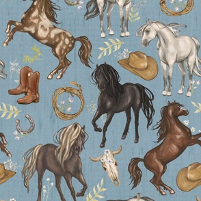 Running Horses Cow Skull Cowboy Hats & Boots,  White Wildflowers on Light Denim Blue, Large Scale