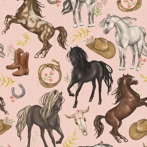 Running Horses Cow Skull Cowboy Hats & Boots,  Wildflowers on Pastel Blush Pink, Large Scale