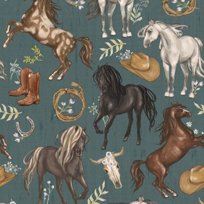 Running Horses Cow Skull Cowboy Hats & Boots,  White Wildflowers on Dark Teal Blue, Large Scale