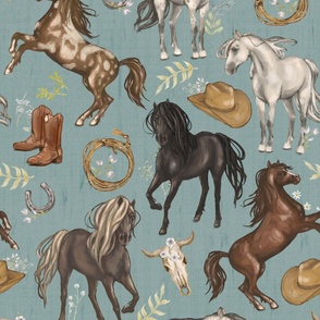 Running Horses Cow Skull Cowboy Hats & Boots,  White Wildflowers on Aquamarine Blue, Large Scale