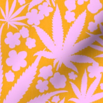 Heart California Retro Tropical Pastel Pink And Orange Cannabis Leaf And Flowers Modern Ditzy Hippy 90’s Beach Floral Botanical Surf Skate Street Style Trending Colors Repeat Pattern