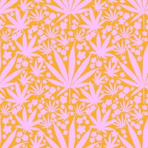 Heart California Retro Tropical Pastel Pink Cannabis Leaf And Flowers On Tangerine Orange Mid-Century Modern Ditzy Hippy 90’s Beach Floral Botanical Surf Skate Street Style Repeat Pattern