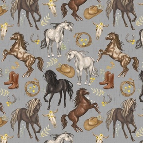 Running Horses Cow Skull Cowboy Hats & Boots,  Yellow Wildflowers on on Gray, Medium Scale