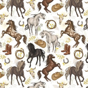 Running Horses Cow Skull Cowboy Hats & Boots,  Wildflowers on White, Yellow Roses, Medium Scale