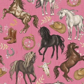 Running Horses Cow Skull Cowboy Hats & Boots,  Wildflowers on Bright Barbie Pink, Large Scale