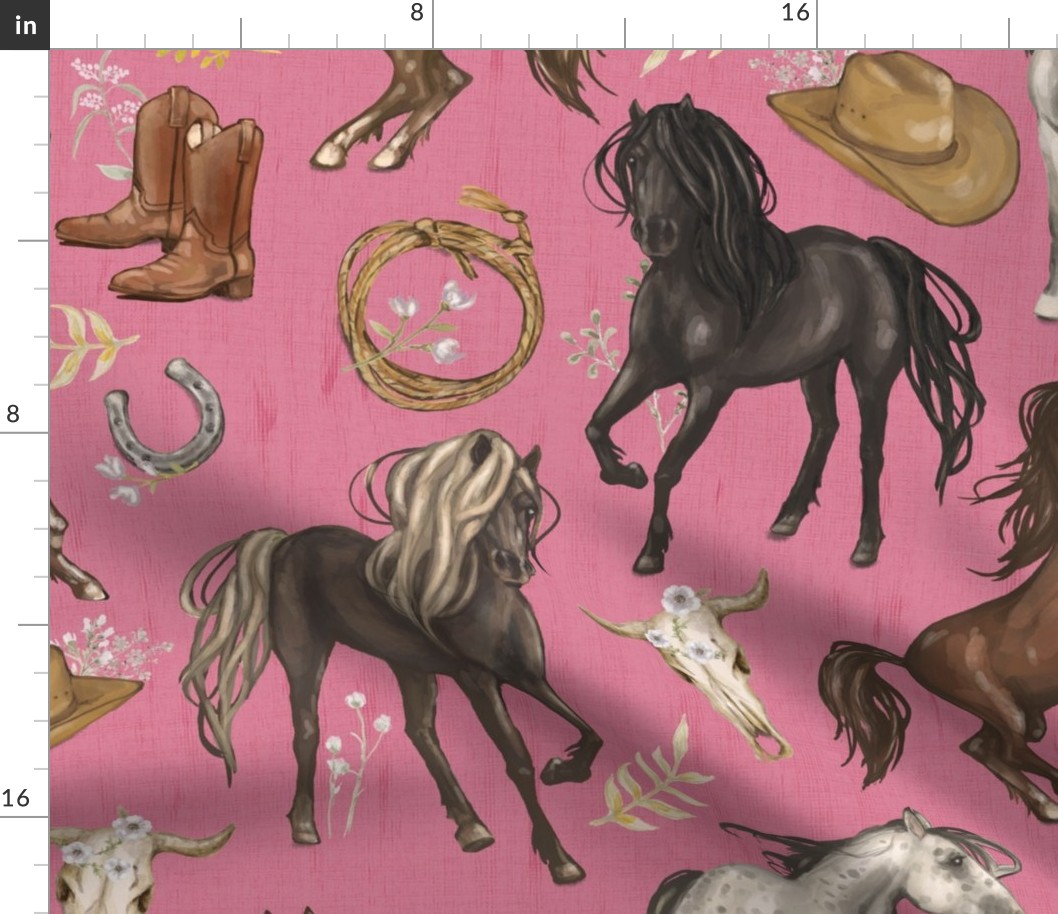 Running Horses Cow Skull Cowboy Hats & Boots,  Wildflowers on Bright Barbie Pink, Large Scale