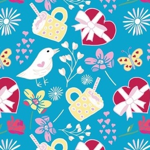 Pretty Retro Hearts and Birds Blue Spring Floral
