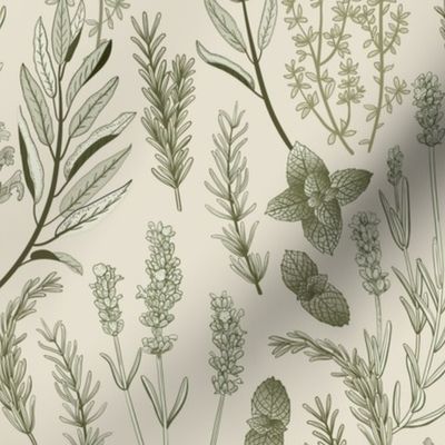 Old World Fragrant Herbs botanical - soft green on linen cream - medium