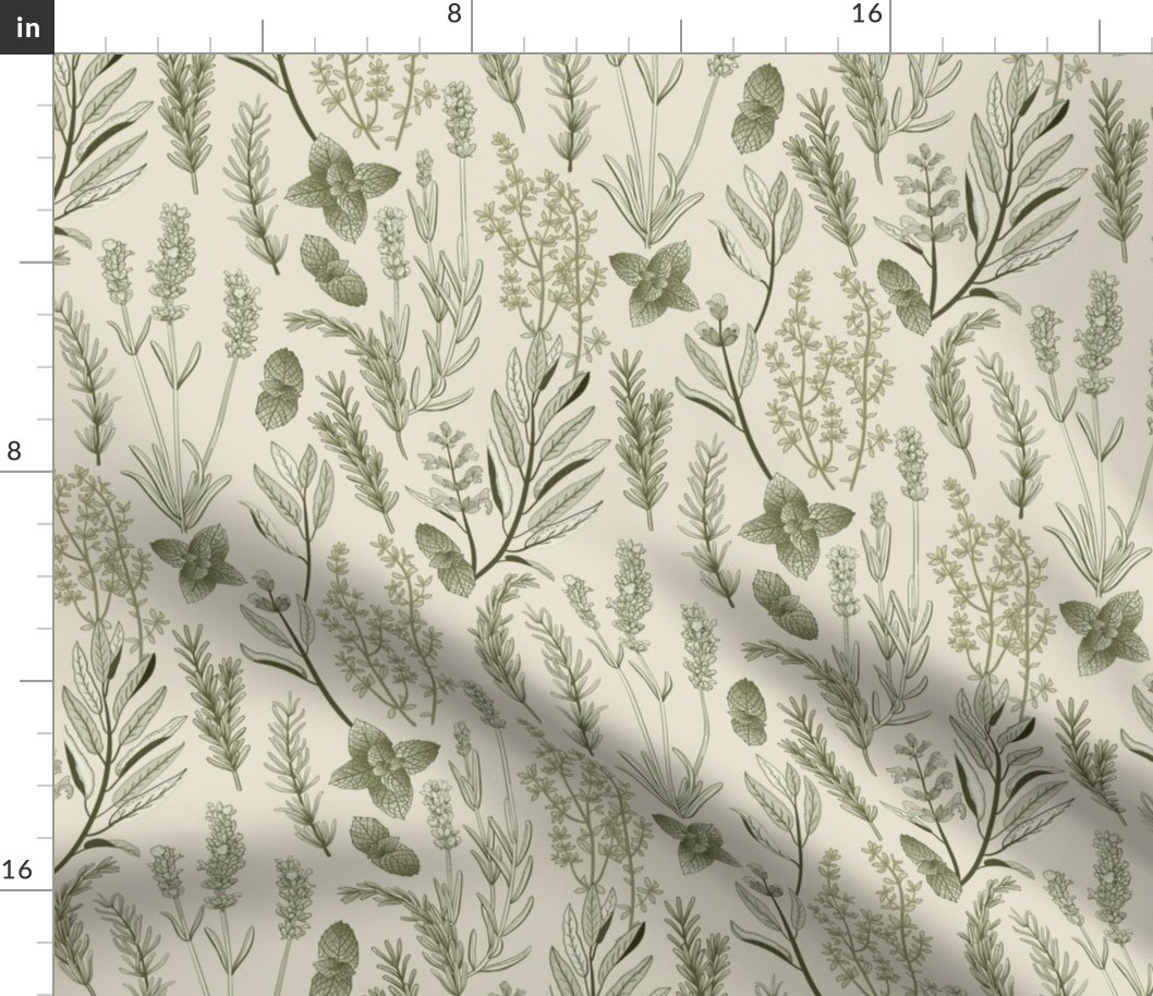 Old World Fragrant Herbs botanical - soft green on linen cream - medium