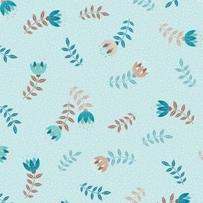  Folk  flowers, blue and tan ditsy print