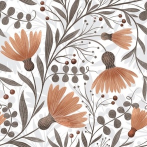 Warm grey neutral floral wallpaper with Cornflower with grey leaves, Large scale