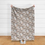 Warm neutral grey botanical design with elegant white flowers and leaves, large scale