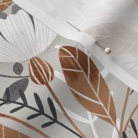 Warm neutral grey botanical design with elegant white flowers and leaves, large scale