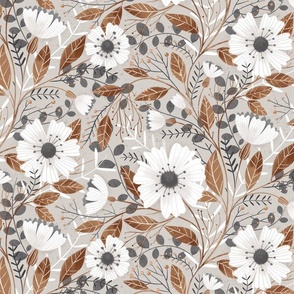 Warm neutral grey botanical design with elegant white flowers and leaves, large scale