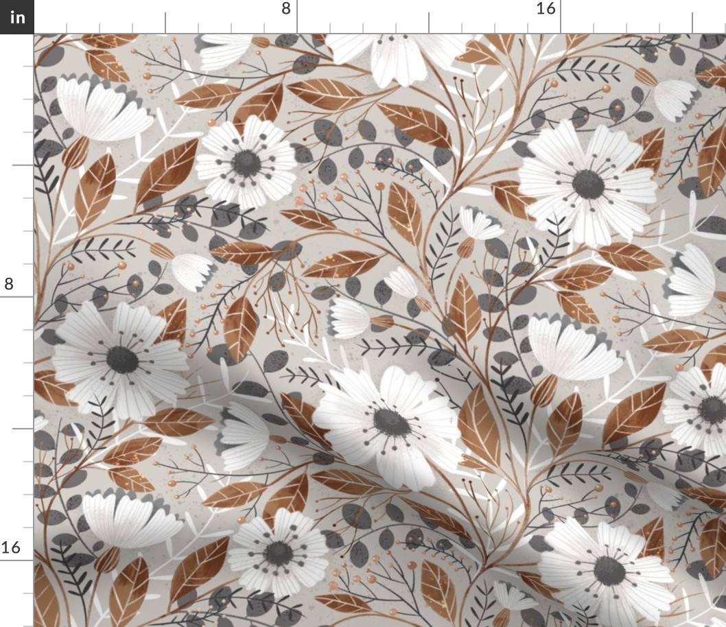 Warm neutral grey botanical design with elegant white flowers and leaves, large scale