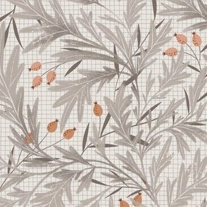Neutral warm floral wallpaper design with light gray leaves and terracotta berries