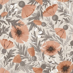 Elegant neutral floral wallpaper design with poppies in bloom and grey leaves