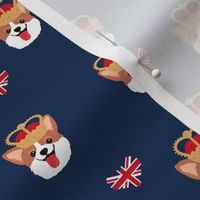 British royal family of corgis queen best friends UK jubilee crowns and flags navy blue 