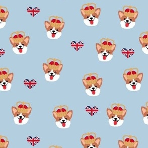 British royal family of corgis queen best friends UK jubilee crowns and flags baby blue