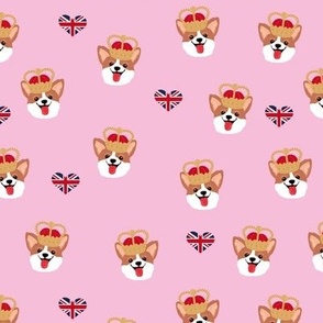 British royal family of corgis queen best friends UK jubilee crowns and flags pink