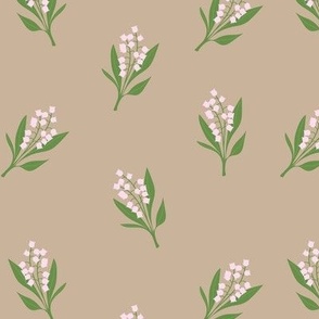 Minimalist boho garden - Lily of the valley flower blossom summer design white green pink blush  on beige camel