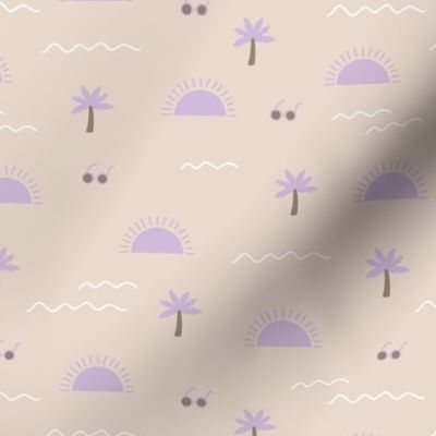 Sunshine summer days with palm trees and shades island vibes surf waves lilac purple blush on cream