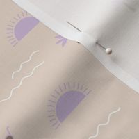 Sunshine summer days with palm trees and shades island vibes surf waves lilac purple blush on cream