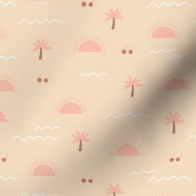 Sunshine summer days with palm trees and shades island vibes surf waves pink blush on cream