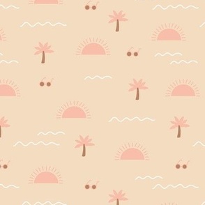 Sunshine summer days with palm trees and shades island vibes surf waves pink blush on cream