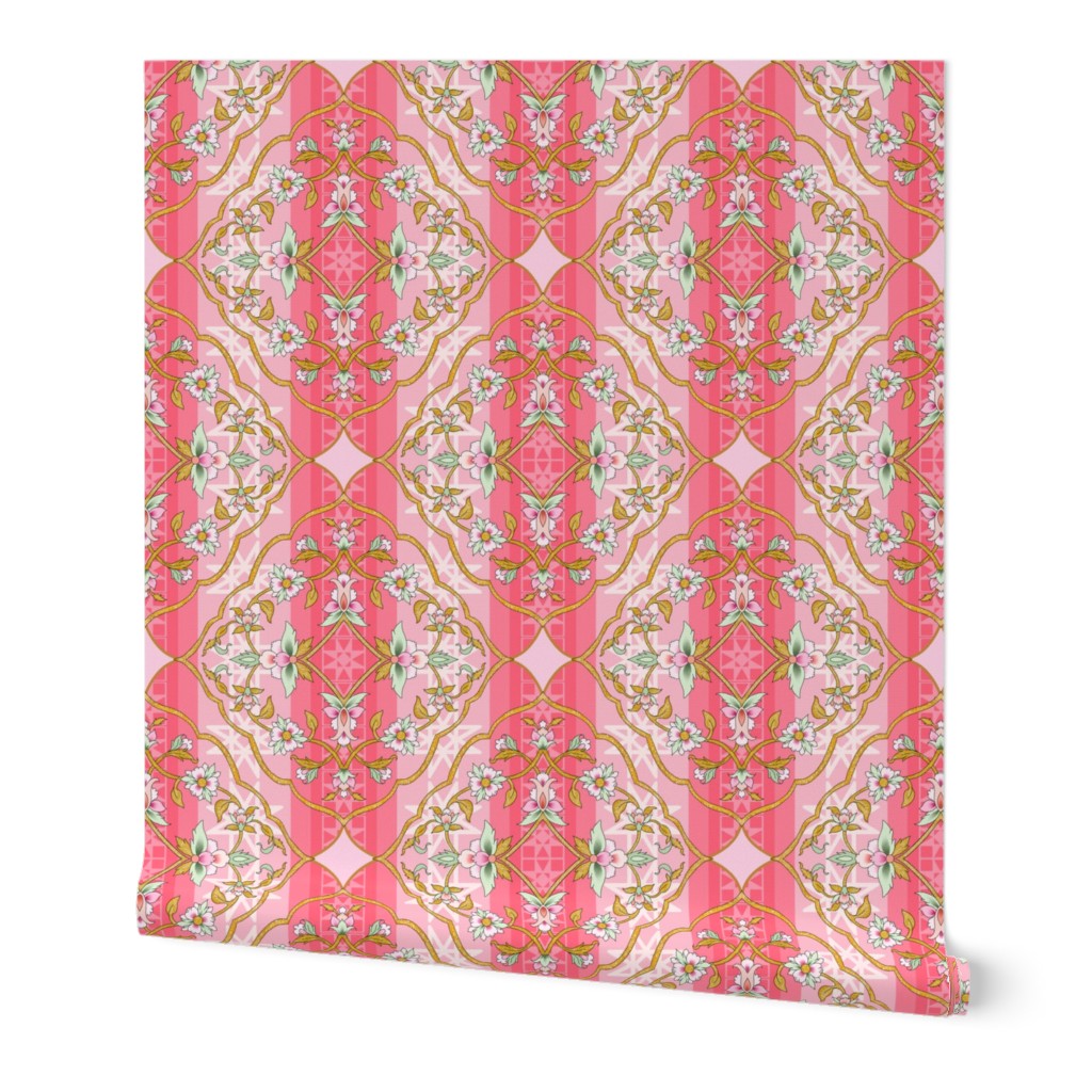 Islamic Floral Damask Medallion on Pink Red Background with Pink and Salmon Flowers