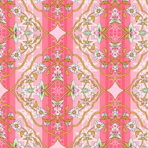 Islamic Floral Damask Medallion on Pink Red Background with Pink and Salmon Flowers
