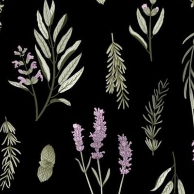 Old World Fragrant Herbs botanical - spaced, bi-directional - soft green and purple  on black - medium