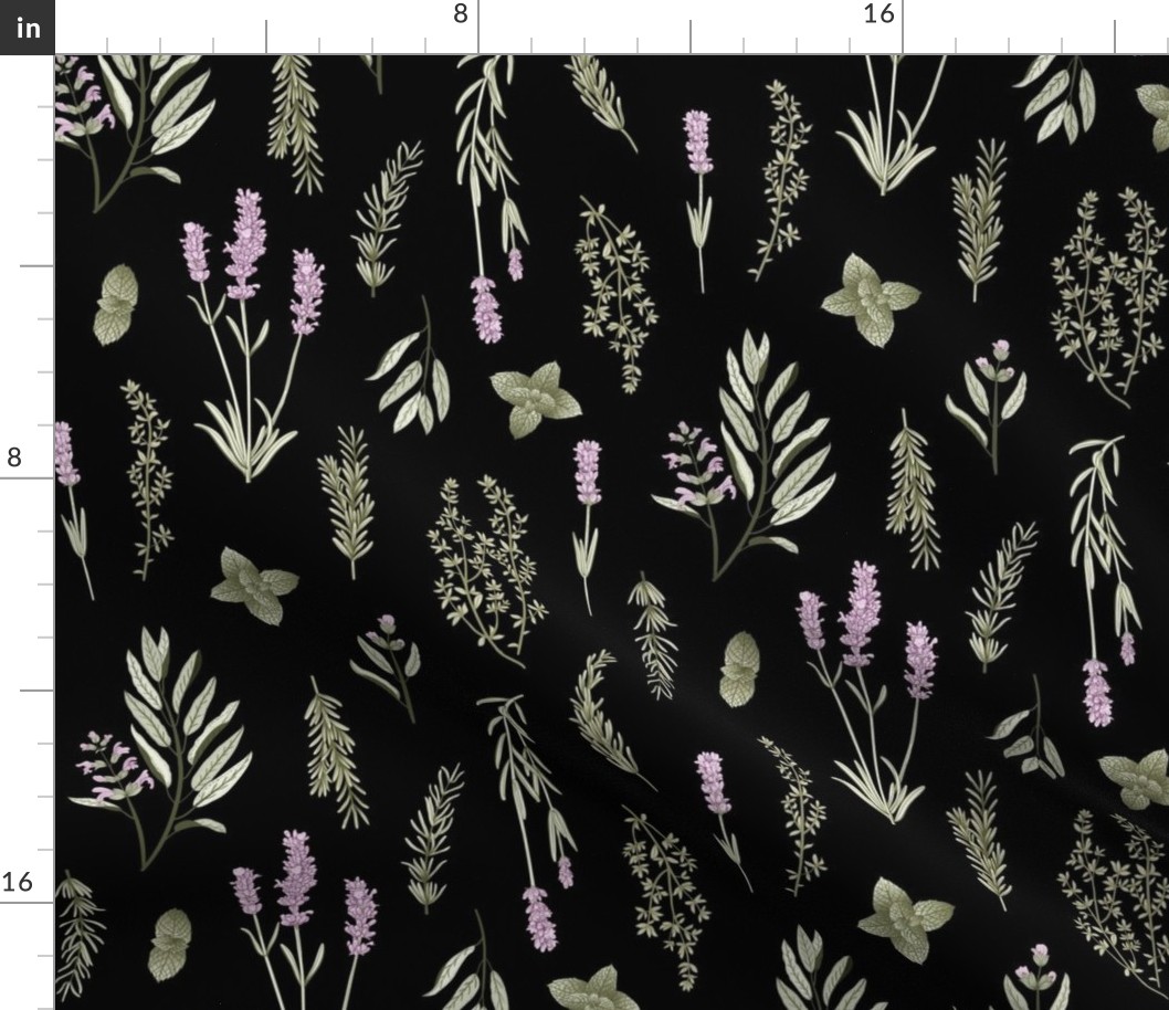 Old World Fragrant Herbs botanical - spaced, bi-directional - soft green and purple  on black - medium