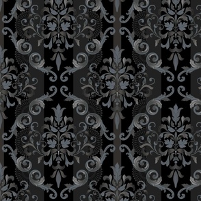 Black and Gray Boho Floral Folk Wallpaper and Fabric, Men's Damask Pattern with Lace Stripes
