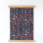 Autumn Botanical Kaleidoscope - Medici Blue - Oaks and acorns, mushrooms, rowan, blackbirds and berries - large