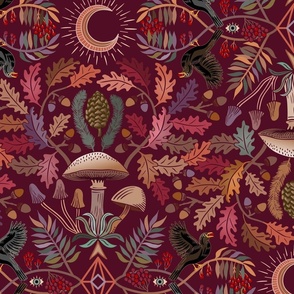 Autumn Botanical Kaleidoscope - wine red - Oaks and acorns, mushrooms, rowan, blackbirds and berries - jumbo