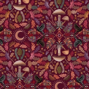 Autumn Botanical Kaleidoscope - wine red - Oaks and acorns, mushrooms, rowan, blackbirds and berries - large