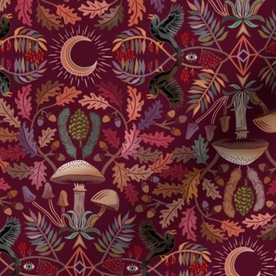 Autumn Botanical Kaleidoscope - wine red - Oaks and acorns, mushrooms, rowan, blackbirds and berries - medium