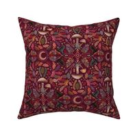 Autumn Botanical Kaleidoscope - wine red - Oaks and acorns, mushrooms, rowan, blackbirds and berries - medium