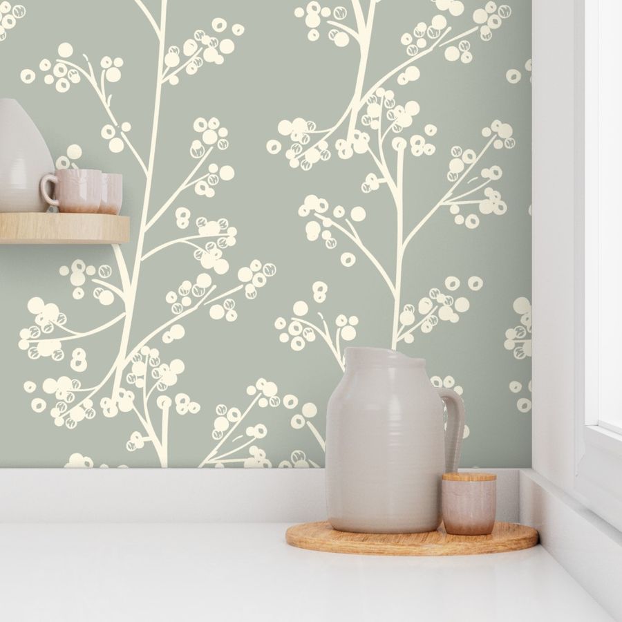 Botanical floral, sage green, leaf Wallpaper | Spoonflower