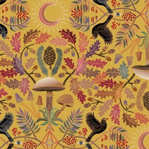 Autumn Botanical Kaleidoscope - old gold yellow - Oaks and acorns, mushrooms, rowan, blackbirds and berries - jumbo