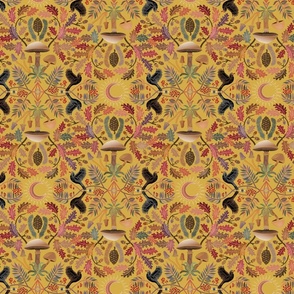 Autumn Botanical Kaleidoscope - old gold yellow - Oaks and acorns, mushrooms, rowan, blackbirds and berries - medium