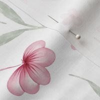 (L) Pastel pink floral on white background