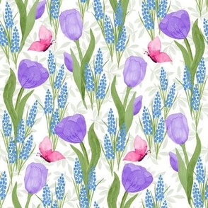 Lavender Tulips with Light Muscari Butterflies on Foliage