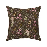 Cow Skulls on Dark Brown, Pink Roses, Floral, Trendy Bedding, Ranch Bedroom
